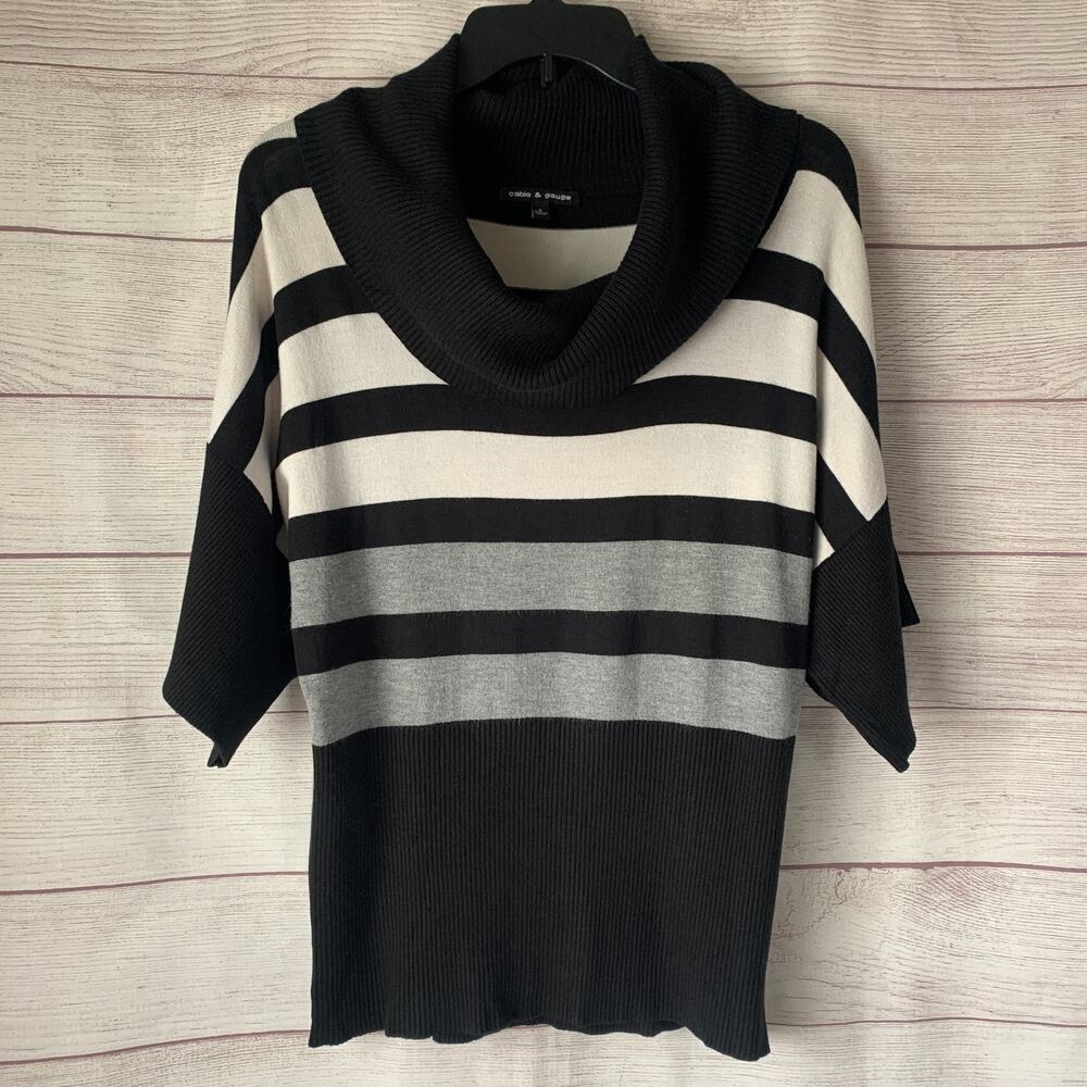 Cable & Gauge Stripe Sweater Cowl Neck Black with Grey White Stripes Size Small